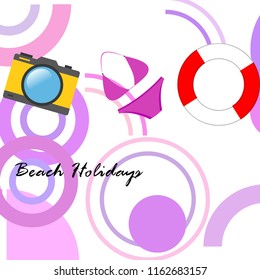 beach holiday, camera, swimsuit, lifebuoy