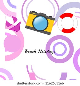beach holiday, camera, swimsuit, lifebuoy