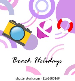 beach holiday, camera, swimsuit, lifebuoy