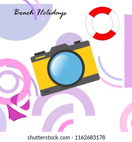beach holiday, camera, swimsuit, lifebuoy