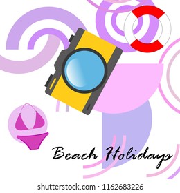 beach holiday, camera, swimsuit, lifebuoy
