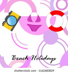 beach holiday, camera, swimsuit, lifebuoy