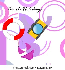 beach holiday, camera, swimsuit, lifebuoy