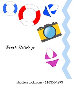 beach holiday, camera, swimsuit, lifebuoy