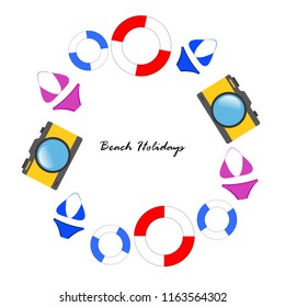 beach holiday, camera, swimsuit, lifebuoy