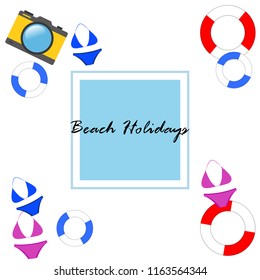 beach holiday, camera, swimsuit, lifebuoy