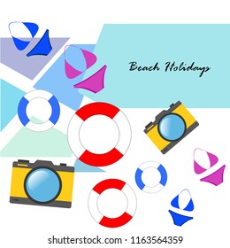 beach holiday, camera, swimsuit, lifebuoy