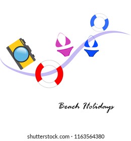 beach holiday, camera, swimsuit, lifebuoy