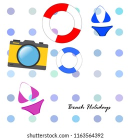 beach holiday, camera, swimsuit, lifebuoy