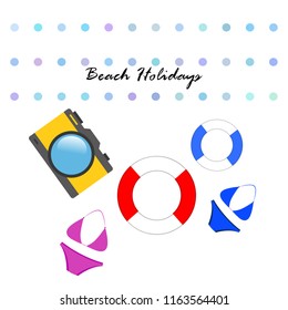 beach holiday, camera, swimsuit, lifebuoy
