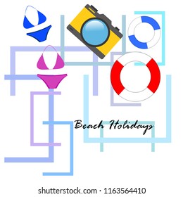 beach holiday, camera, swimsuit, lifebuoy
