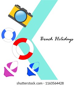 beach holiday, camera, swimsuit, lifebuoy