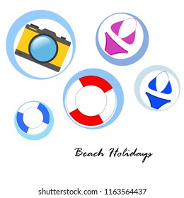 beach holiday, camera, swimsuit, lifebuoy