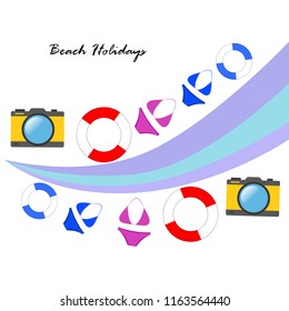 beach holiday, camera, swimsuit, lifebuoy