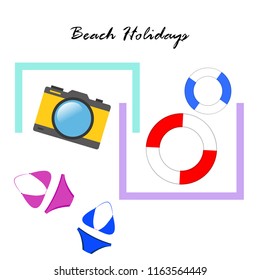 beach holiday, camera, swimsuit, lifebuoy
