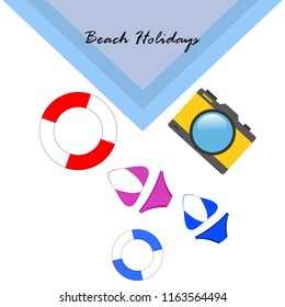 beach holiday, camera, swimsuit, lifebuoy