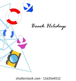 beach holiday, camera, swimsuit, lifebuoy