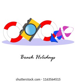beach holiday, camera, swimsuit, lifebuoy