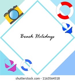 beach holiday, camera, swimsuit, lifebuoy