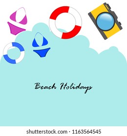 beach holiday, camera, swimsuit, lifebuoy