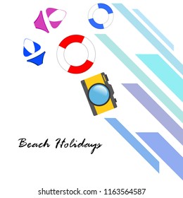 beach holiday, camera, swimsuit, lifebuoy
