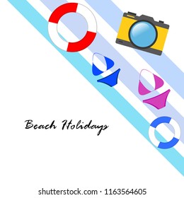 beach holiday, camera, swimsuit, lifebuoy