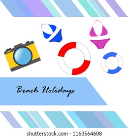 beach holiday, camera, swimsuit, lifebuoy
