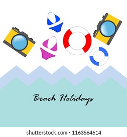 beach holiday, camera, swimsuit, lifebuoy