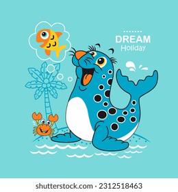 beach holiday with cartoon animals, vector illustration.