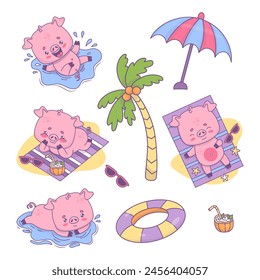 Vacaciones en la playa. Lindos cerdos divertidos tomando el sol descansando y nadando, salpicar en el agua, círculo de goma de los accesorios de playa, palmera y sombrilla. Personaje animal de dibujos animados feliz aislado. Ilustración vectorial