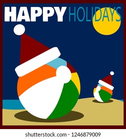 beach holiday design with beach balls wearing Santa hats