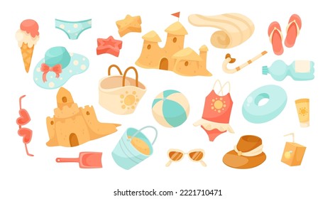 Ilustraciones vectoriales de elementos de vacaciones de playa. Diferentes objetos de recreo por mar, ropa, juguetes, pelotas, zapatillas, gafas de sol, castillos de arena aislados en fondo blanco. Verano, concepto de vacaciones