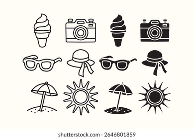 beach holiday essential icons set in outline and fill style with ice cream, camera, sunglasses, hat, umbrella, sun. summer vacation line and solid symbols including beach items, drinks, treats