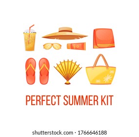 Beach holiday essentials social media post mockup. Perfect summer kit phrase. Web banner design template. Booster, content layout with inscription. Poster, print ads and flat illustration