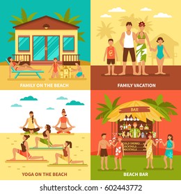 Beach holiday flat design concept with family vacation yoga exercise and bar on shore isolated vector illustration