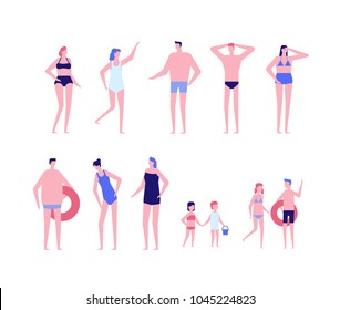 Beach holiday - flat design style set of isolated characters on white background. Cute cartoon men, women and children in swimsuits in different poses
