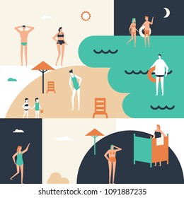 Beach holiday - flat design style conceptual illustration. Cute cartoon characters in swimsuits sunbathing, swimming, children with buckets. Summer vacation concept