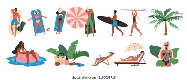 Beach holiday flat set with tropical plants and people sunbathing surfing resting isolated against white background vector illustration