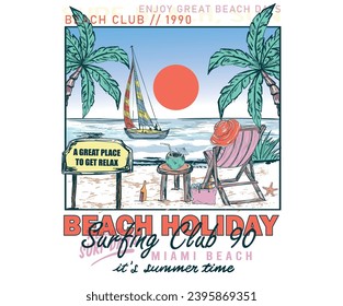 Vacaciones en la playa. Pintura de camiseta de buena onda. Árbol de palma, diseño gráfico de cartón. Disfrute del diseño vectorial de verano. Diseño de impresión retro gráfico de verano. Club de surf. Dibujo a mano de barco. Playa de Miami.