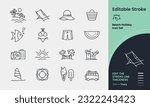 Beach Holiday Icon collection containing 16 editable stroke icons. Perfect for logos, stats and infographics. Edit the thickness of the line in any vector capable app.