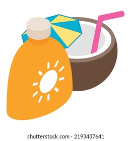 Icono de vacaciones de playa vector isométrico. Cóctel de verano y crema protectora del sol. Accesorio de verano, vacaciones en el mar, verano