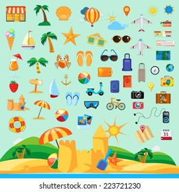 Beach holiday, icon set flat design