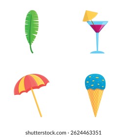 Beach holiday icons set cartoon vector. Beach umbrella, cocktail and ice cream. Summer time