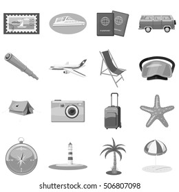 Beach holiday icons set. Gray monochrome illustration of 16 beach holiday vector icons for web
