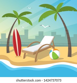 Beach holiday items against the background of the embankment and the city. Vector illustration.