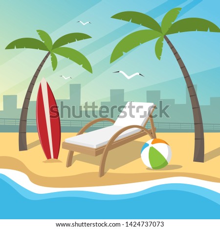 Beach holiday items against the background of the embankment and the city. Vector illustration.