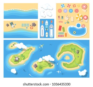 Beach holiday - modern vector set of illustrations. Top view position of islands, sea costs with recreation zones with umbrellas, towels, swimming pool. Collection of isolated clouds and boats