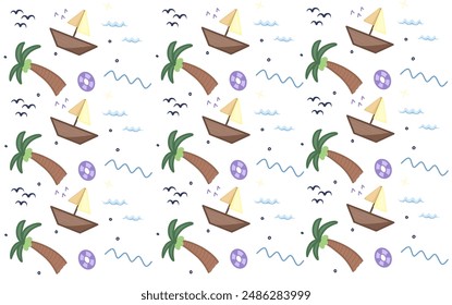 Beach holiday pattern background vector with boat, coconut palm, waves, and birds
