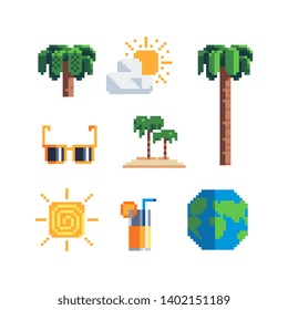 Beach holiday pixel art icons set, sunglasses, island, orange juice, sun, palm trees, beach, summer, tropical vacation, isolated vector illustration.