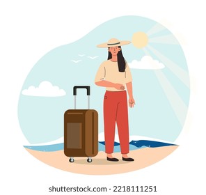 Beach holiday resort. Woman stands with suitcase on bank of river or sea. Young girl resting in summer in hot weather. Travel or tourism, trip. Poster or banner. Cartoon flat vector illustration
